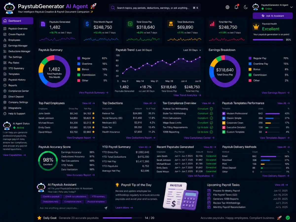 paystubgenerator.app AI pay stub generator agent app — pay stub generator dashboard preview